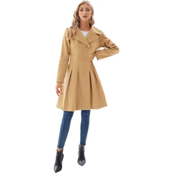✨Women's Brown Fashion Trench Coat Notch Lapel Double Breasted Pea Coats Jacket